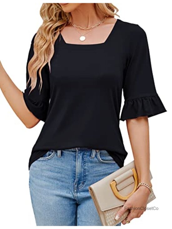 Tops - Women's Square Neck 3/4 Bell Sleeve Tunic Blouse Business Casual